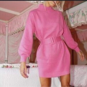 Pink Bodycon Dress with Bishop Sleeves and Mock Neck